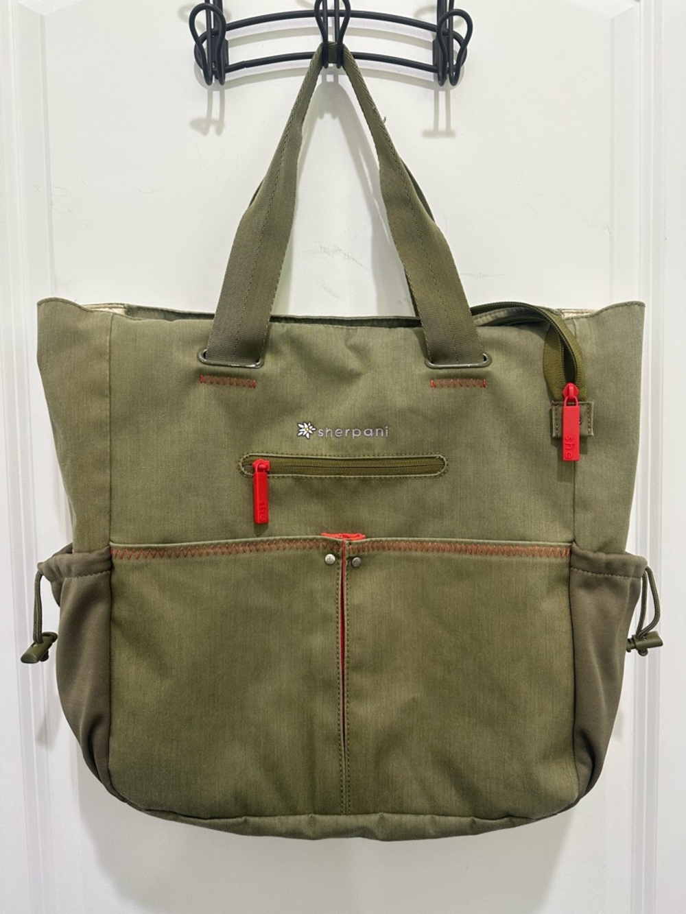 Sherpani Olive Green Tote with Red Accents